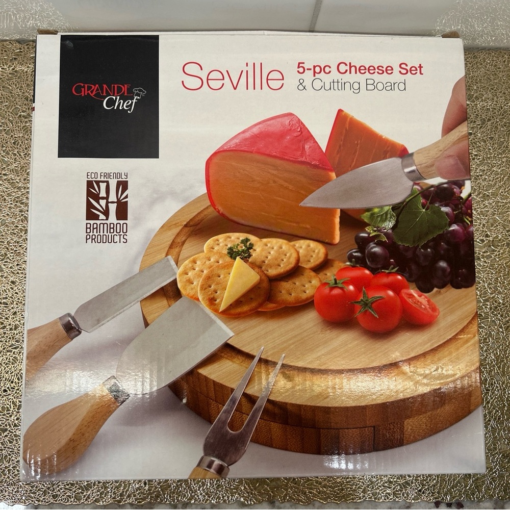 Bamboo Seville 5 Pc Cheese Knife Shaver Fork Set & Cutting Board Grande Chef